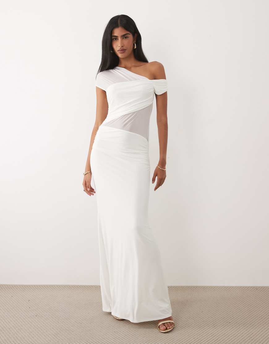 ASOS DESIGN fallen shoulder mesh sheer panel maxi dress in white | ASOS (Global)