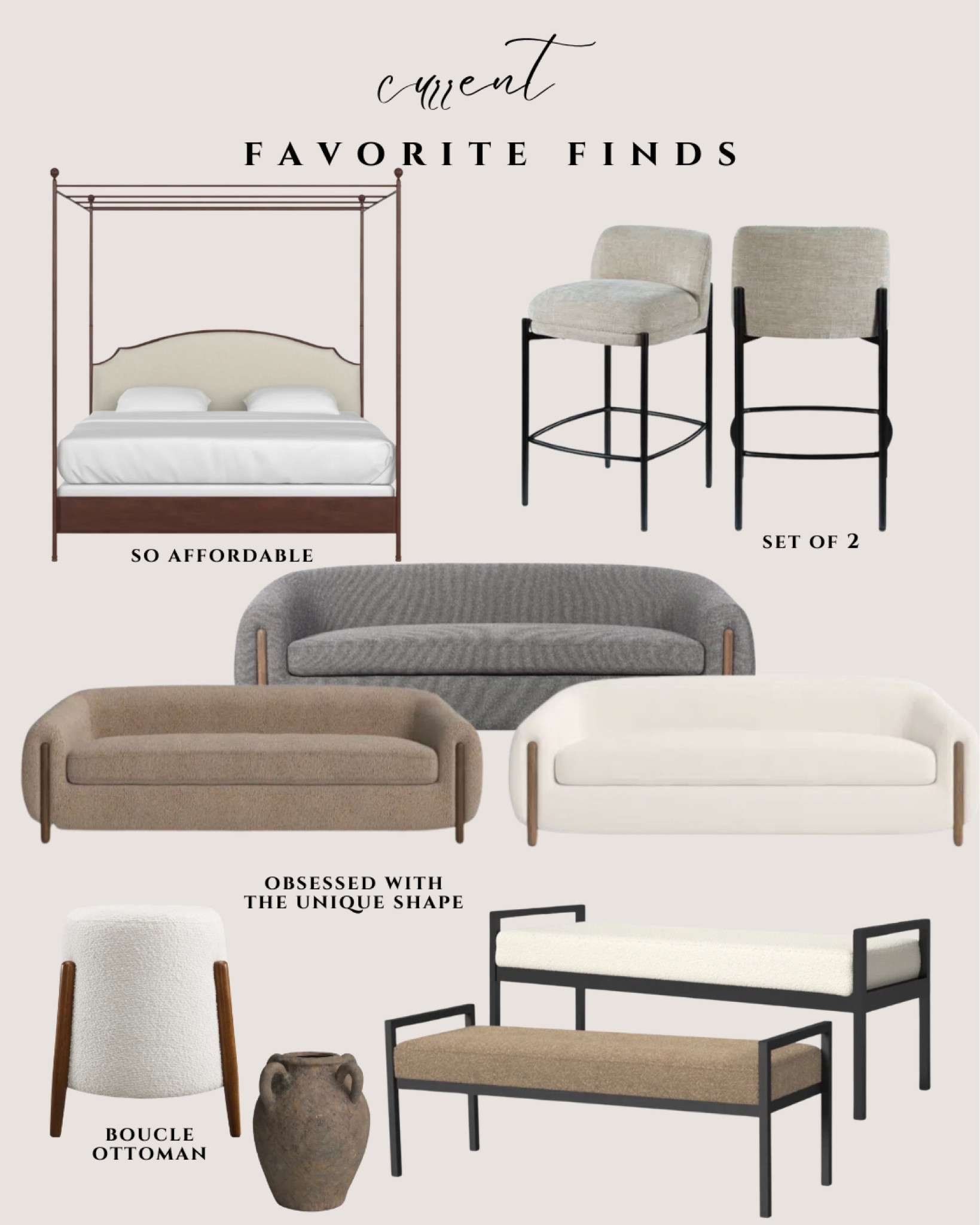 Current favorite finds. Poster bed. Var stools. Couch. Loveseat. Bench. Stool. Home decor. Modern  

#LTKHome #LTKStyleTip #LTKSeasonal