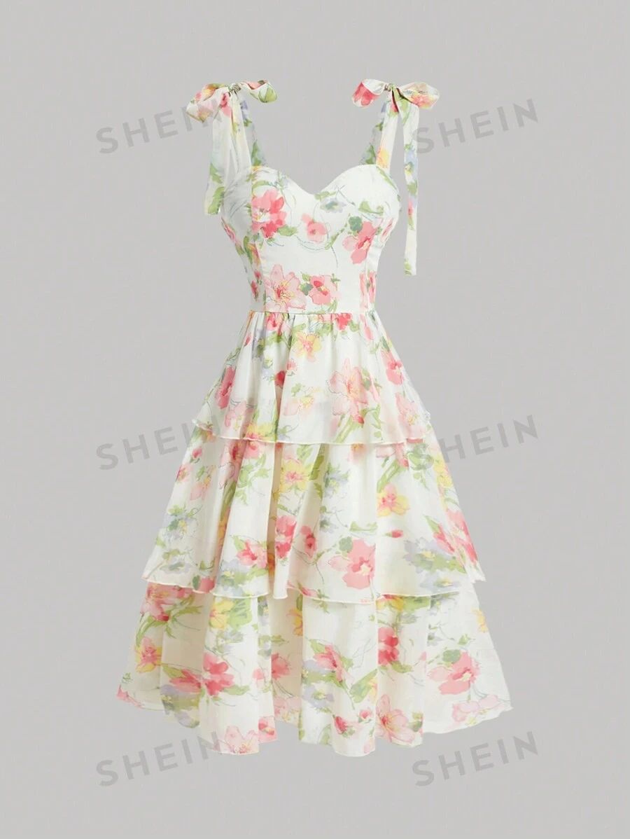 SHEIN MOD Women's Floral Print Fairy Spaghetti Long Summer Strap Dress | SHEIN