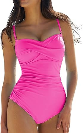 QINSEN Women's Spagetti Strap Ruched One Piece Swimsuit Retro Tummy Control Bathing Suit | Amazon (US)