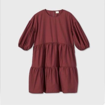 A New Day Women's Puff Sleeve Tiered Dress in Burgundy - Size M | eBay US