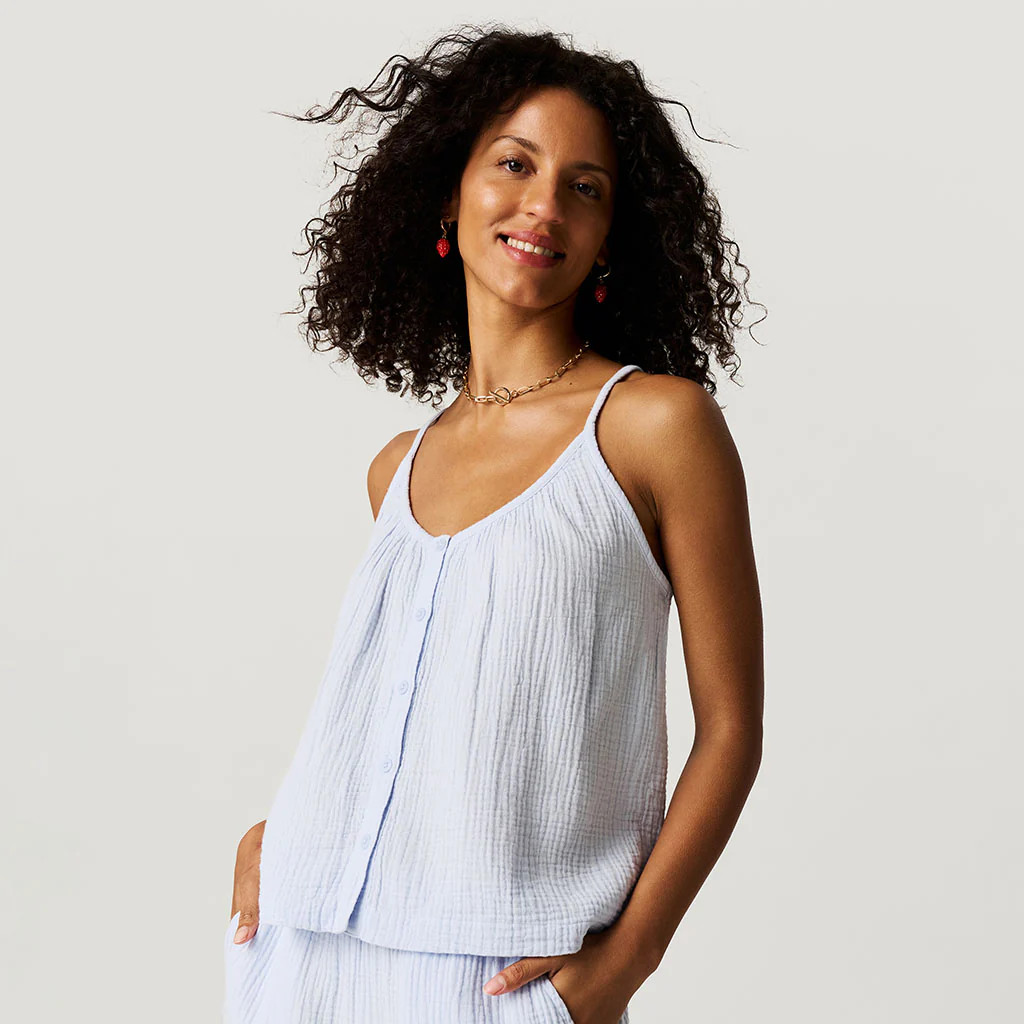 Solids Blue Sleeveless Halogen Blue Women's Cotton Crinkle Cami | Posh Peanut® | Posh Peanut