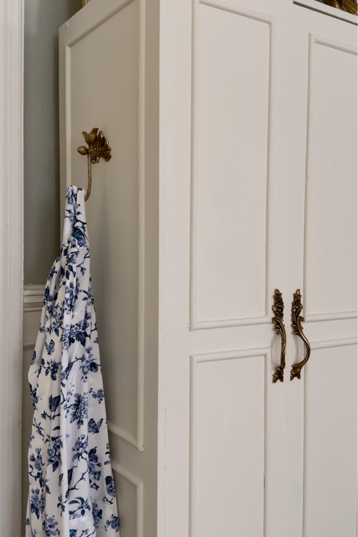 Blue and white bathrobe, brass bird hook, brass antique knobs, wardrobe 

#LTKhome #LTKstyletip #LTKsalealert