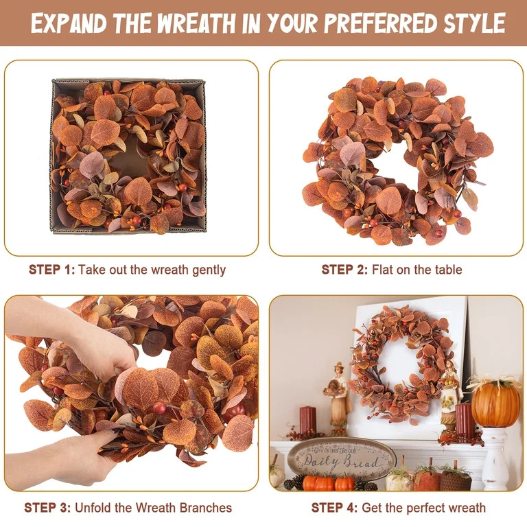 Scidweet Fall Wreaths for Front Door, 22" Artificial Eucalyptus Leaves Autumn Wreaths Modern Farm... | Walmart (US)