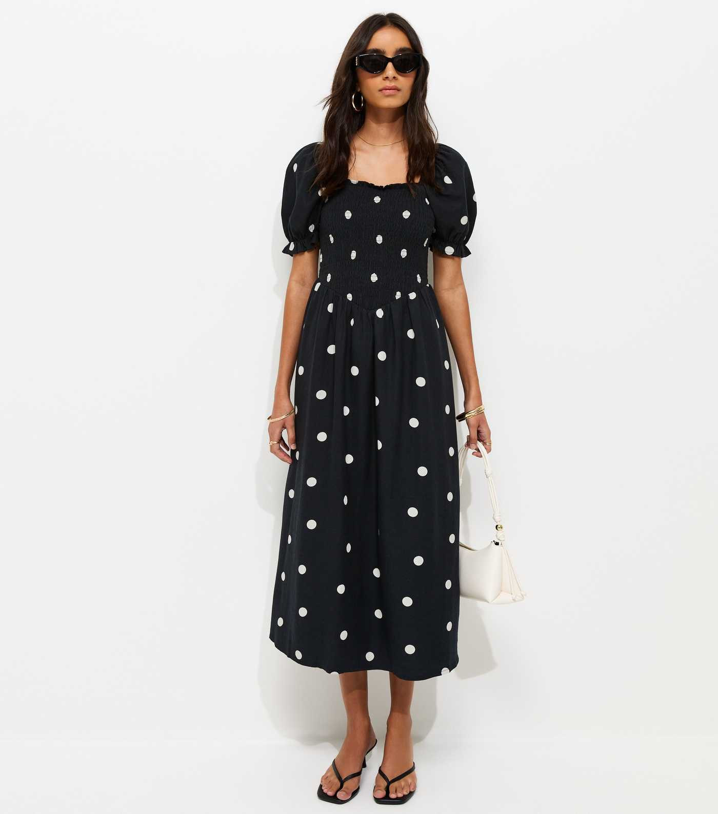 Black Polka Dot Shirred Midi Dress | New Look | New Look (UK)