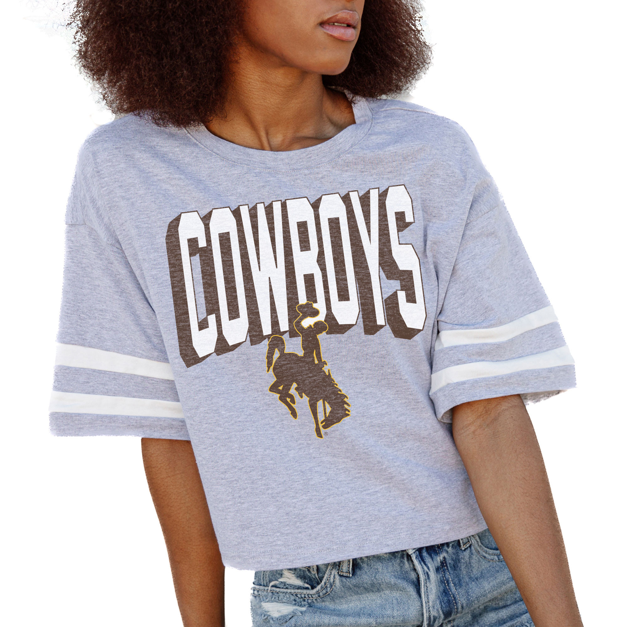 Women's Gameday Couture Gray Wyoming Cowboys No Shortcuts Drop Shoulder Sleeve Stripe Cropped T-Shirt | Fanatics