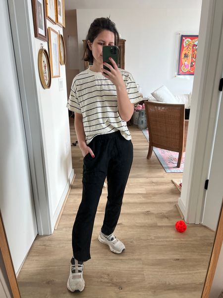 Tee - size xs
Pants - xs im 5’1” petite 

Striped shirts, striped tee, black pants, light weight pants, errands outfit, on sneakers, marine layer, casual, petite, over 30, cropped pants, travel outfit 

#LTKtravel #LTKfindsunder50 #LTKfindsunder100