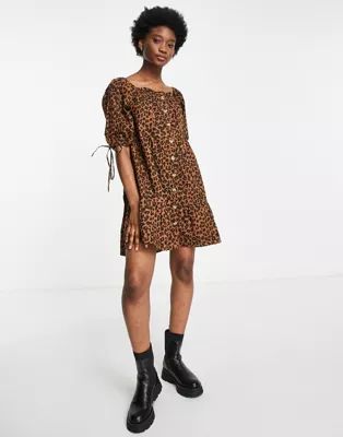 Influence tie puff sleeve button through dress in leopard print | ASOS (Global)