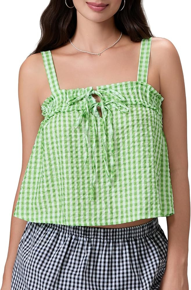 Mxiqqpltky Women Cute Plaid Camisole Y2K Tie Front Square Neck Loose Fit Cropped Tank Tops Casual... | Amazon (US)