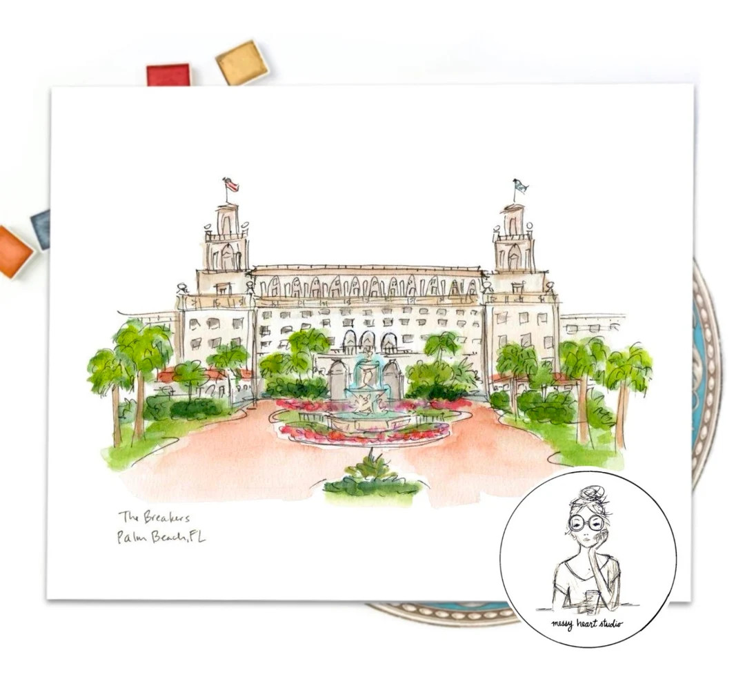 The Breakers Hotel Palm Beach Watercolor and Ink Illustration, Personalized Gallery Wall Art, 8x1... | Etsy (US)