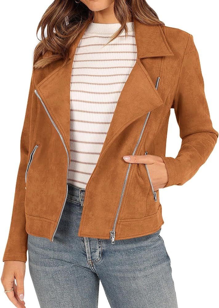 Women's 2023 Fall Faux Suede Biker Moto Jacket Fashion Long Sleeve Zipper Short Casual Coats With... | Amazon (US)