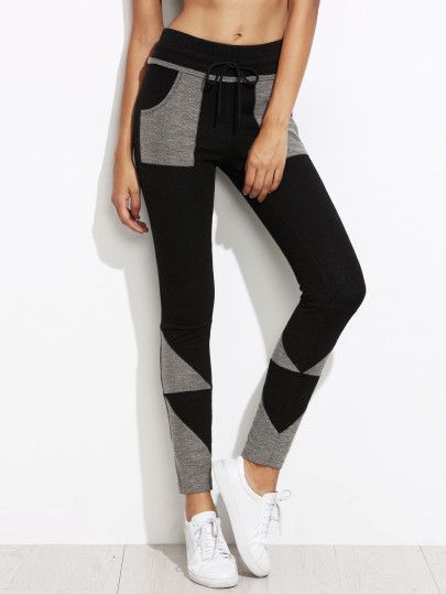 Black Contrast Geo Patch Skinny Drawstring Jersey Pants | SHEIN