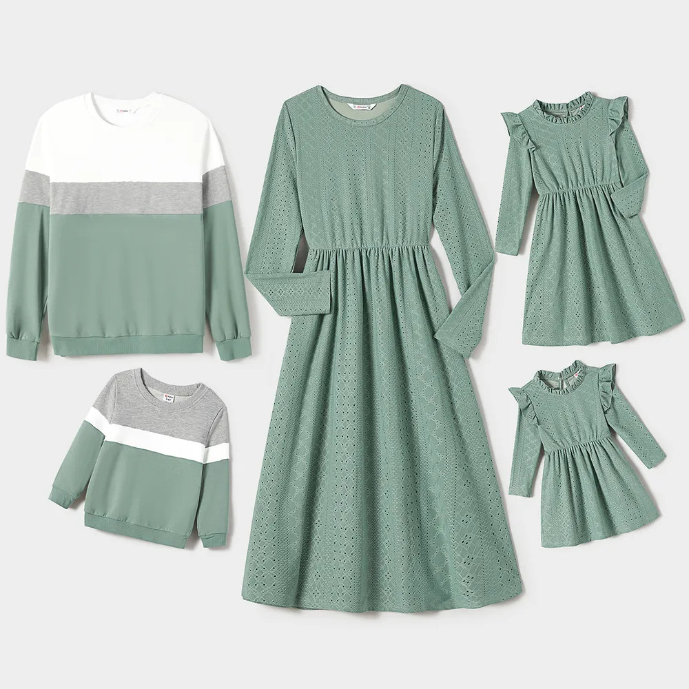 Family Matching Mint Green Lace Dresses And Color-block Long-sleeve tops Sets | PatPat
