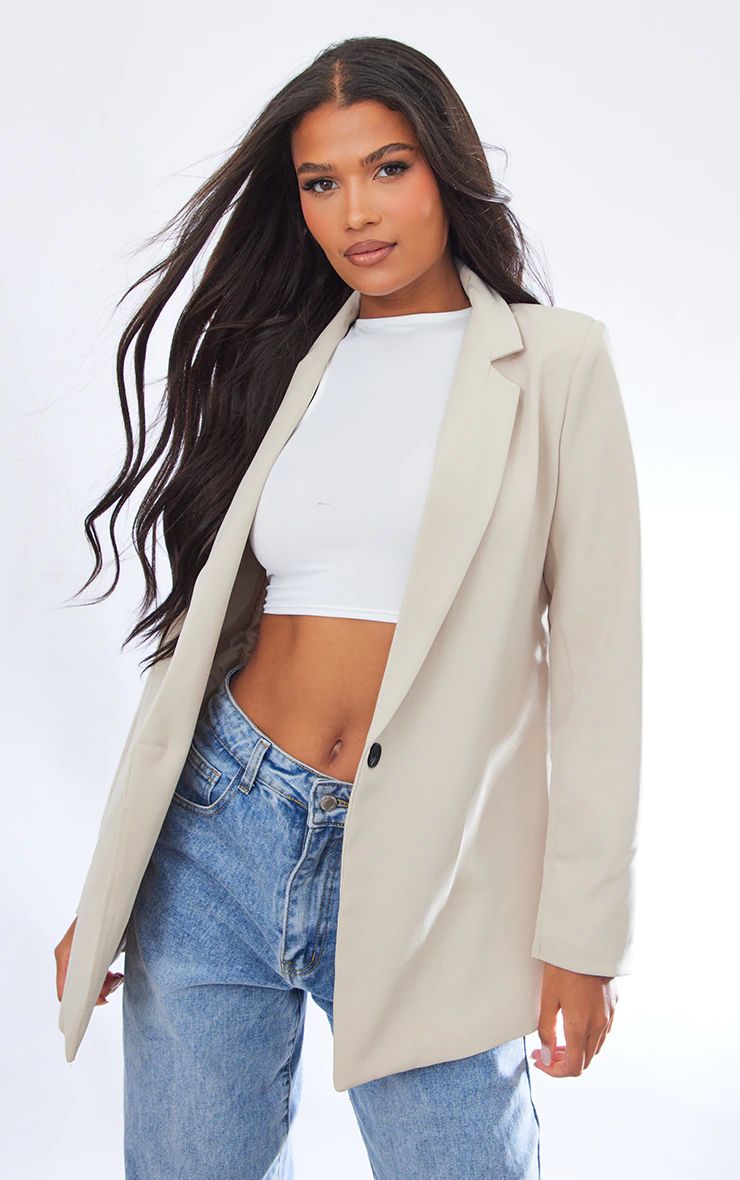 Stone Oversized Shoulder Padded Blazer | PrettyLittleThing UK