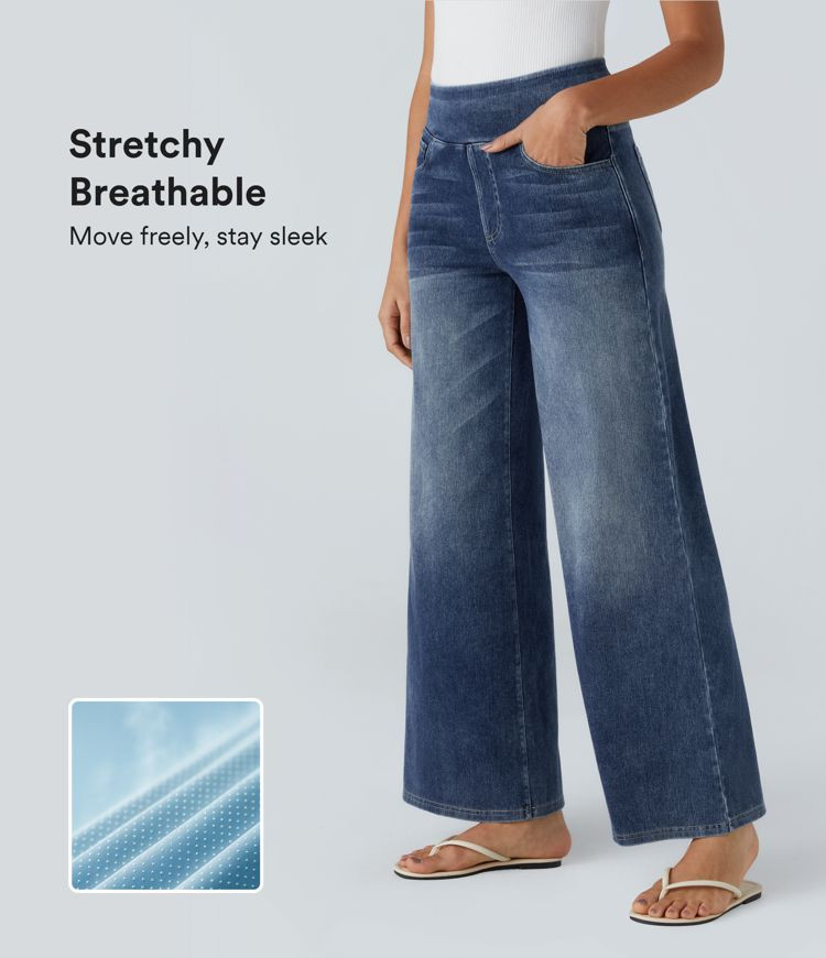 Halara Flex™ High Waisted Pockets Baggy Wide Leg Washed Casual Jeans | HALARA