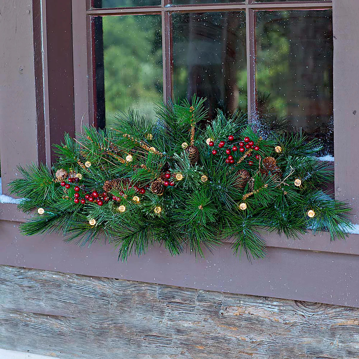 Lighted Holiday Window Swag with Timer | Plow & Hearth | Plow & Hearth