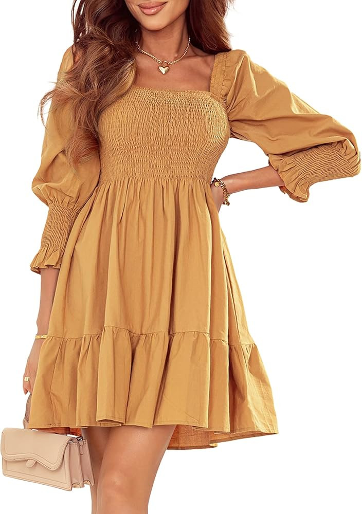 BLENCOT Womens Summer Casual Mini Dress Square Neck Long Sleeve Tunic Swing Dresses Babydolll Mini D | Amazon (US)