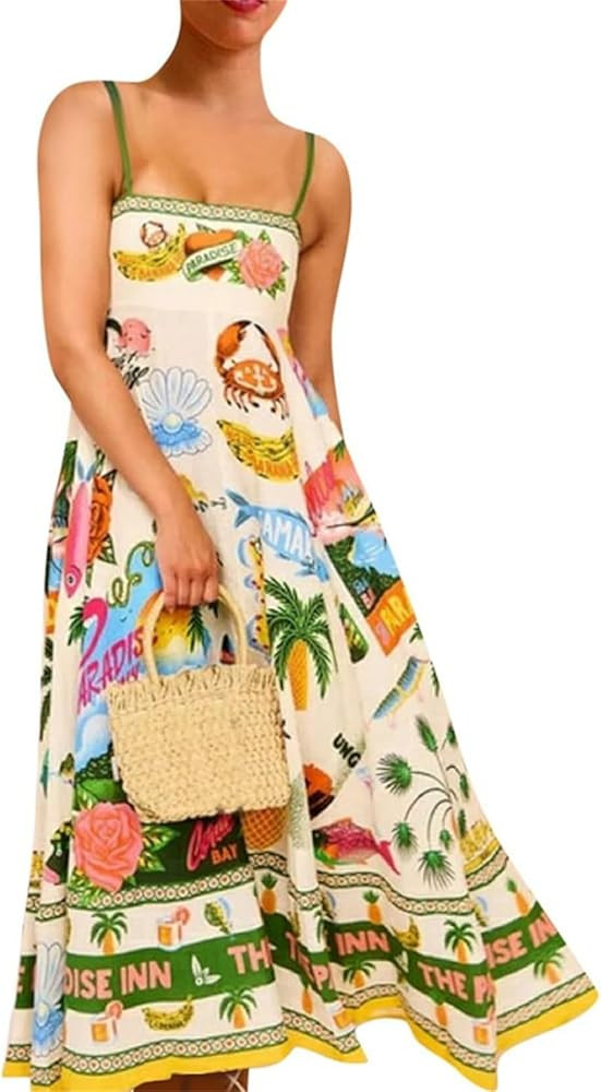 Women Boho Cute Print Maxi Dress Summer Graffiti Cami Long Dress Straghetti Strap Flowy Slip Dres... | Amazon (US)