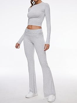 AnotherChill Women's 2 Piece Lounge Sets Fold-over Flare Pants Set Long Sleeve Cropped Top Casual... | Amazon (US)