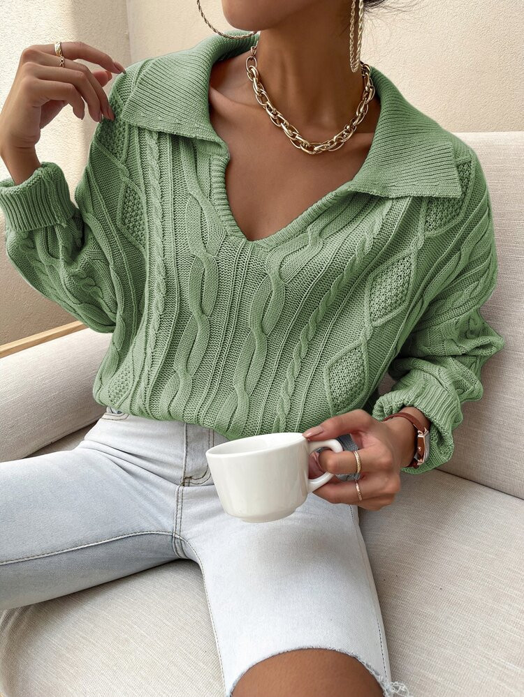 V-neck Collared Cable Knit Sweater | SHEIN