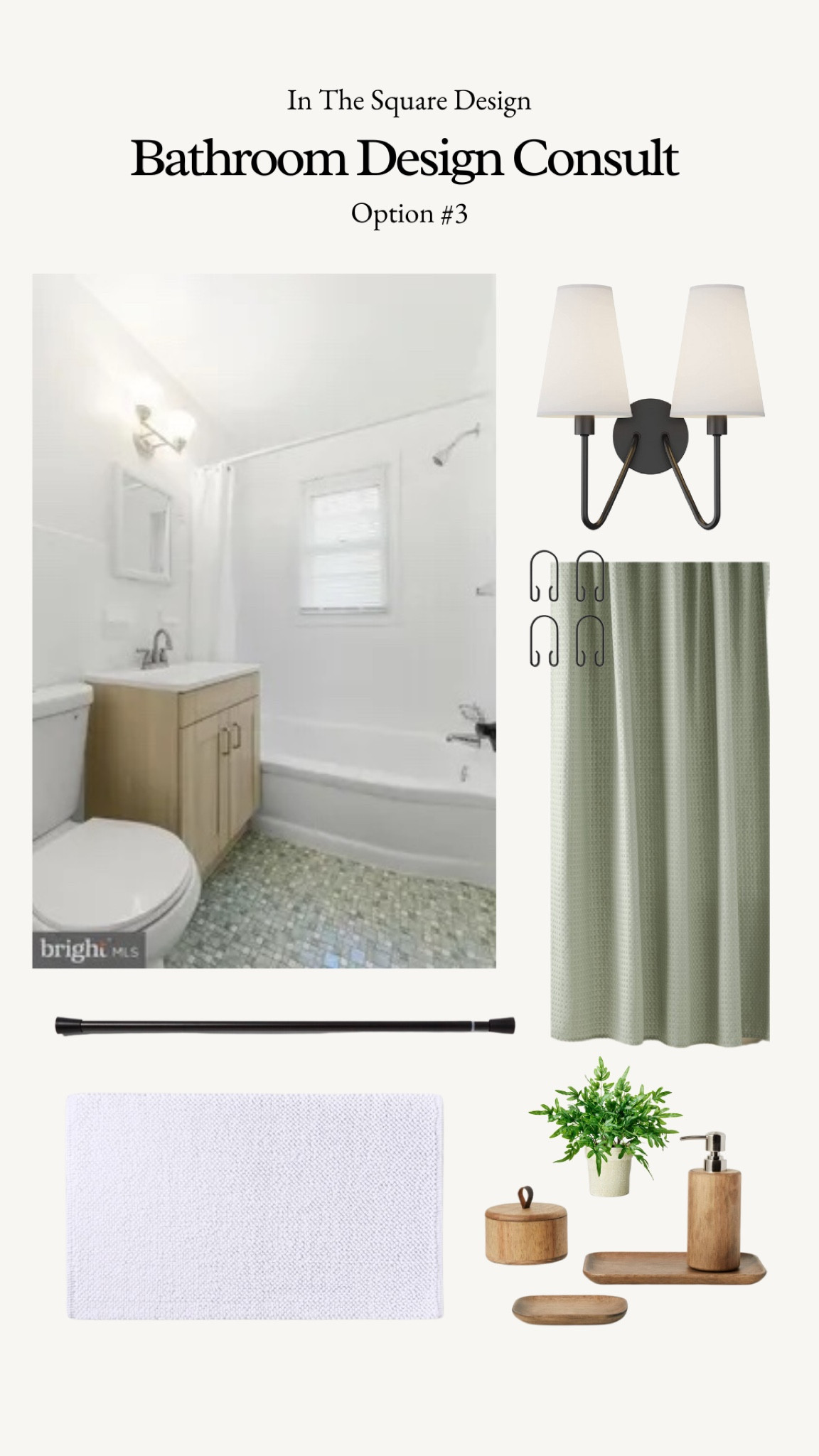 Bathroom Design Concept

Modern bath keeping existing tile!

White bathroom design, sage green design, green tile 

#LTKunder100 #LTKFind #LTKhome