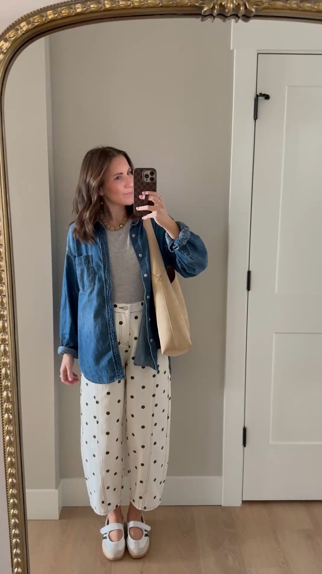 A casual outfit for a toddler mom. These pants are an Amazon find and I love them (obviously - we all know I’ve been obsessed with polka dots lately). Paired with my favorite denim top (a closet staple!!) and my adidas Mary Jane sambas. 

ootd, Amazon fashion, Amazon finds, polka dot pants, adidas, denim button down, 

#LTKootd