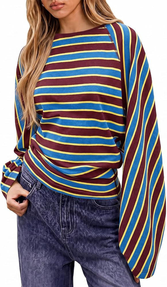 Tankaneo Womens Long Bell Sleeve Striped T-Shirts Y2K Batwing Going Out Top | Amazon (US)