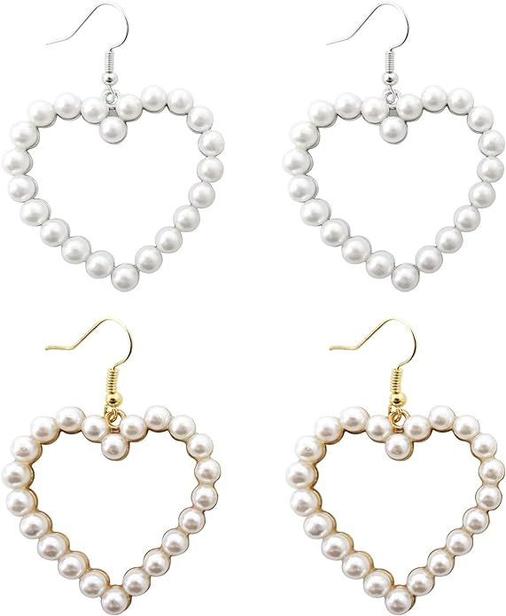 Honbay 2 Pairs Pearl Heart Dangle Earrings Love Heart Earrings Vintage Pearl Hoop Studs Circle Be... | Amazon (US)