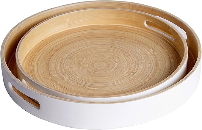Bamboo Serving Tray with Handles Set of 2, Round Shallow Bamboo Tray, Natural Bamboo Wood Decorat... | Amazon (US)