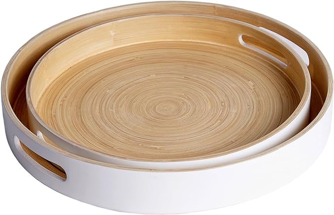 ABEL CRAFTS Bamboo Serving Tray with Handles Set of 2, Round Shallow Tray, Natural Wood Decorativ... | Amazon (US)