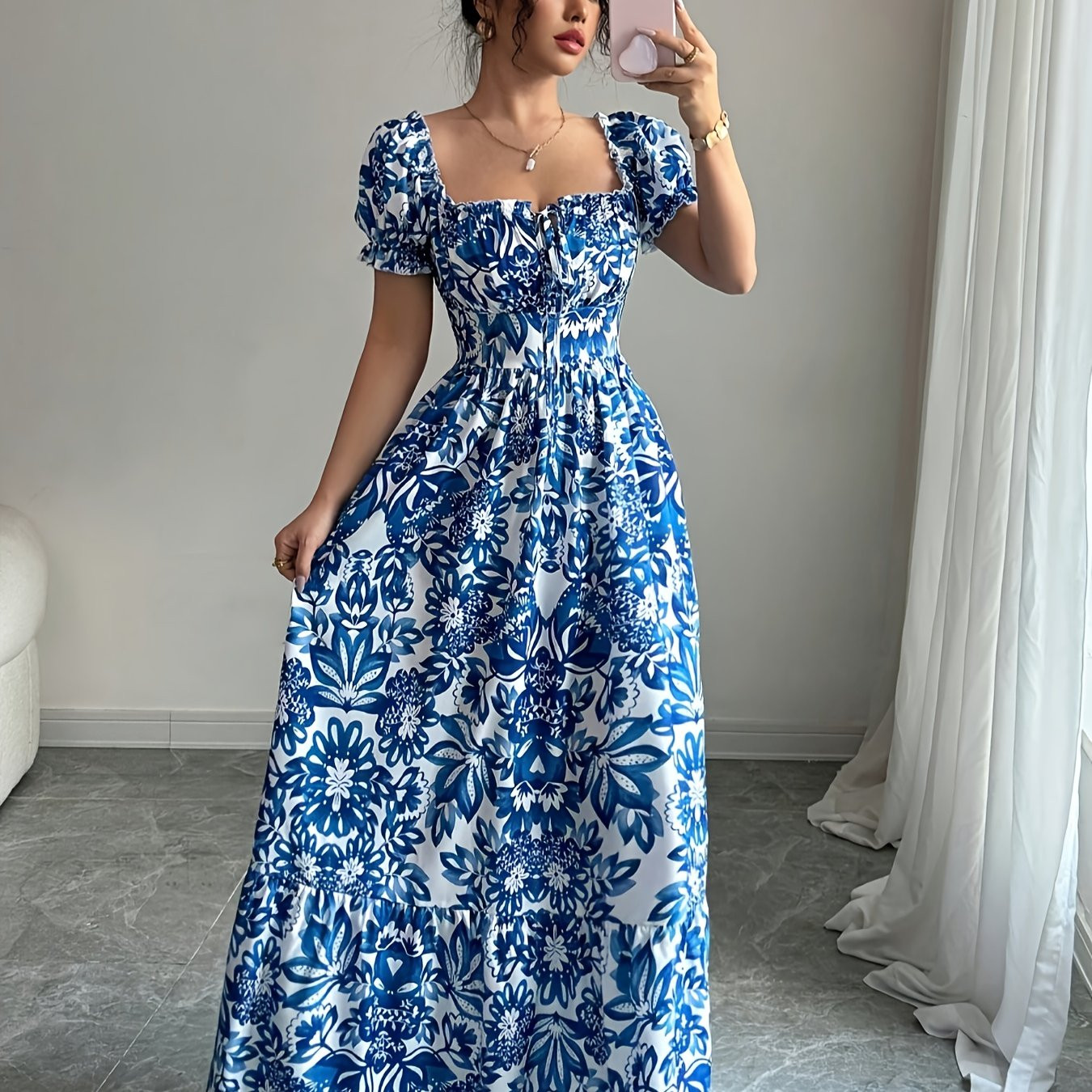 elegant floral print maxi dress puff sleeves square neckline - Temu Canada | Temu Affiliate Program