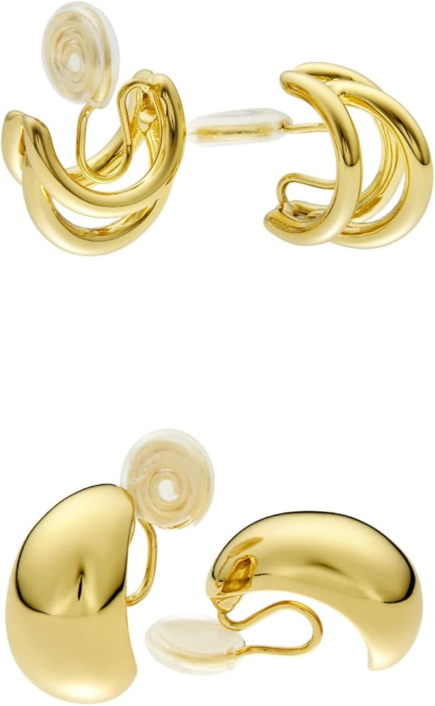 Gold Clip on Earrings Women, SEMEYE Chunky Clip on Hoop Earrings Lightweight, 18K Gold Plated Non... | Amazon (US)