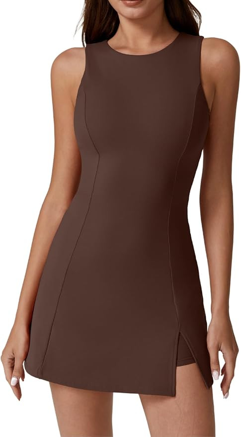 QINSEN Womens Crew Neck Tennis Dress Sleeveless Side Slit Golf Athletic Dress Build in Shorts wit... | Amazon (US)