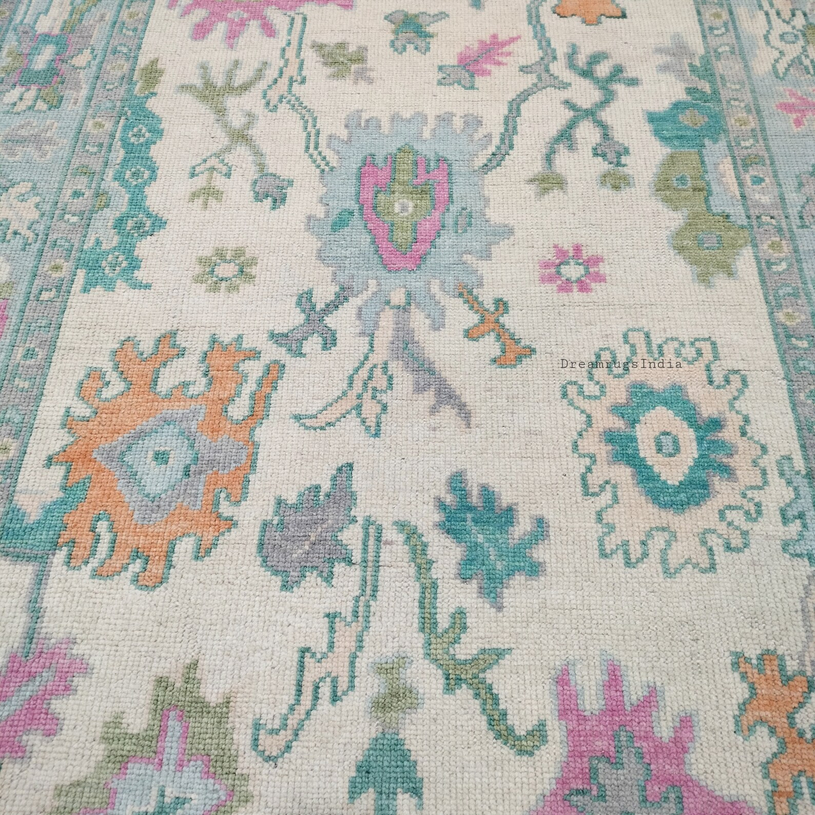 Pastel Cream and Blue With Green Accent Oushak Persian Knot Rug in Hand Knotted Wool Rug for Livi... | Etsy (US)