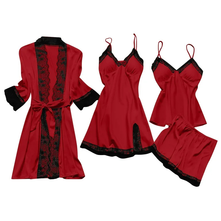 Womens 4pcs Pajamas Set, Soft Silk Satin Sleepwear Lace Trim Nightdress Pj Set with Robe, Comfy H... | Walmart (US)