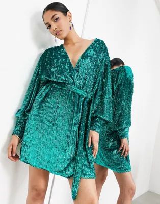 ASOS EDITION sequin wrap mini dress in teal green | ASOS (Global)