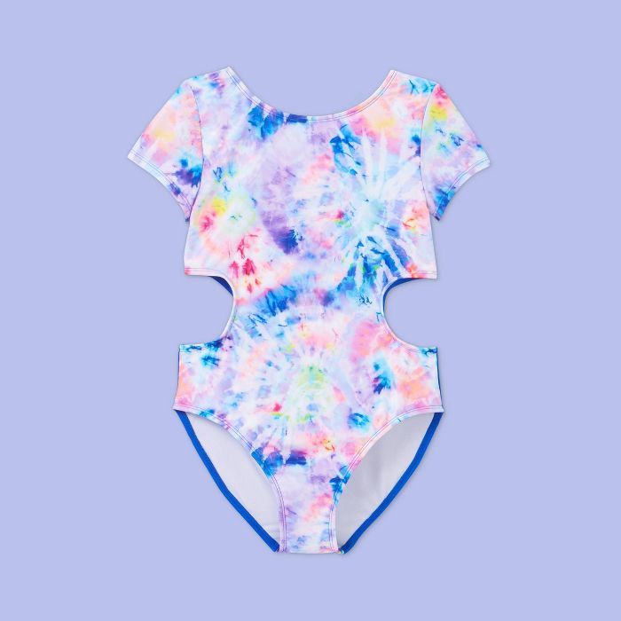 Girls' Short Sleeve Cut Out Tie-Dye One Piece Swimsuit - More Than Magic™ | Target