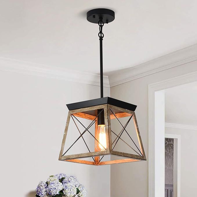 Ganeed Farmhouse Pendant Light,1 Light Wooden Lantern Chandelier ,Adjustable Height Metal Cage Ru... | Amazon (US)