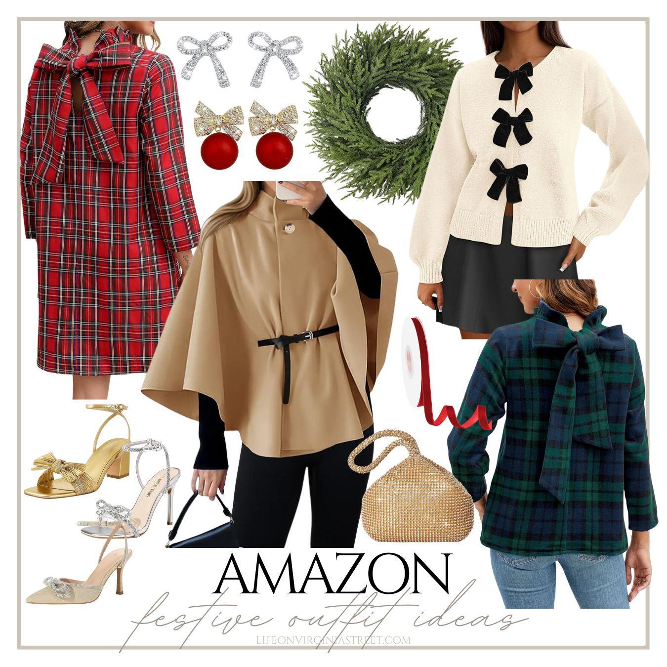 Festive outfit ideas all from Amazon. Get the Tuckernuck look for less with this plaid dress, bow back top, bow cardigan, belted cape and bow heels. Christmas outfit ideas, Holiday outfit ideas, preppy winter outfits #ltkholiday #ltkover40 #Ltkfindsunder50 #Ltkfindsunder100 #ltksalealert #ltkworkwear #ltkmidsize #ltkshoecrush #ltkcyberweek #ltkhome 

 #LTKHoliday #LTKOver40 #LTKFindsUnder50