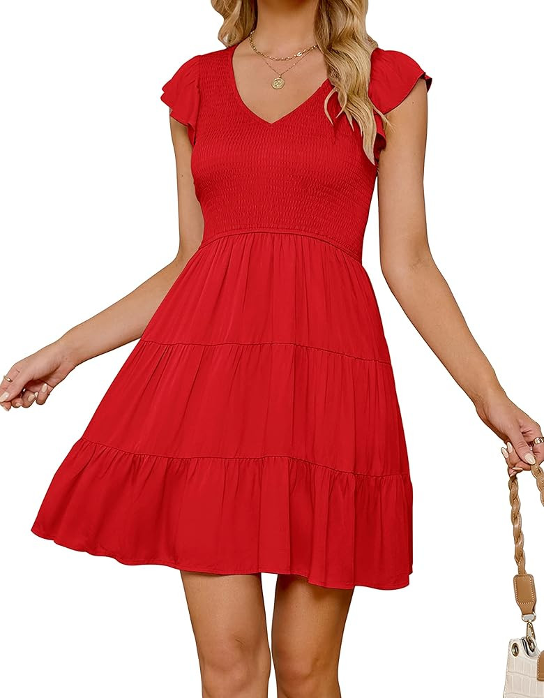 ZESICA Womens 2024 Summer Casual V Neck Flutter Sleeve Bohemian Ruffle Smocked A Line Swing Mini ... | Amazon (US)
