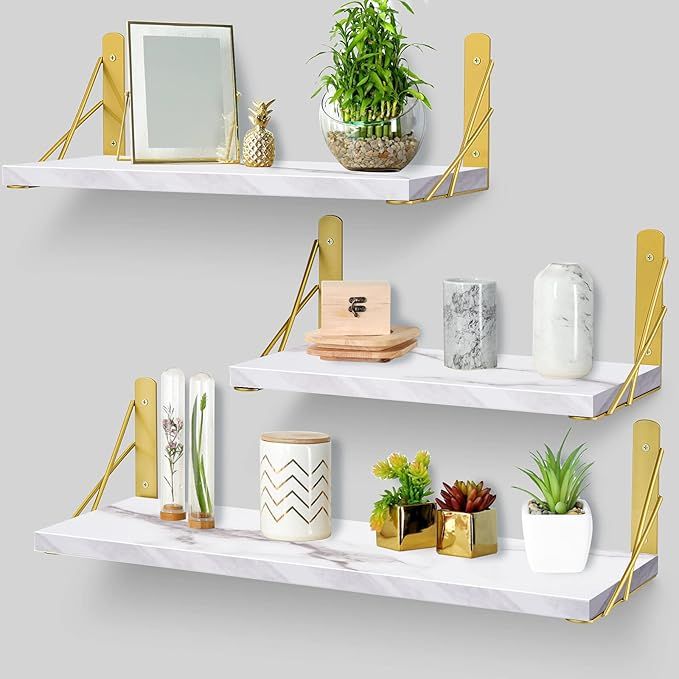 White Floating Shelves for Wall,Wall Shelves with Camber Golden Metal Brackets-White Shelves Set ... | Amazon (US)