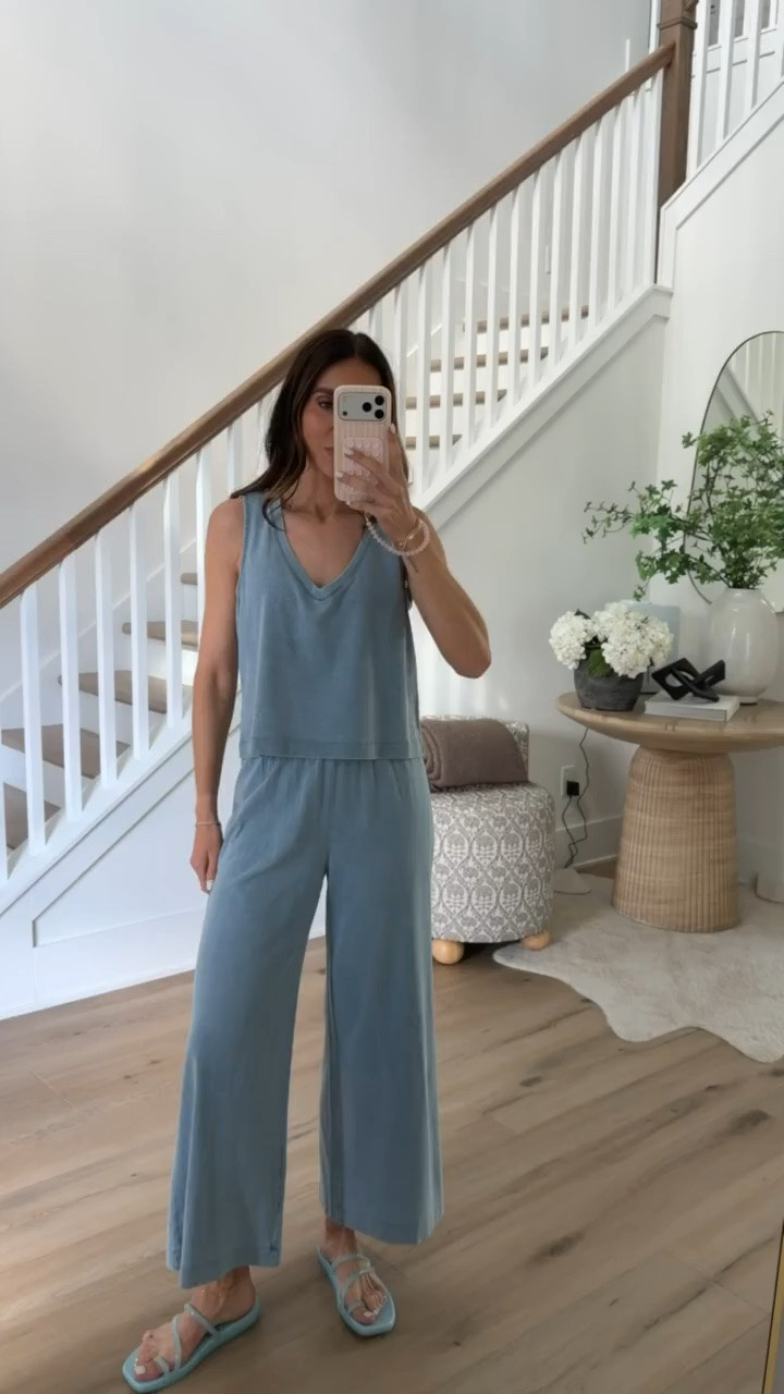Effortless summer style with this breezy blue set. Perfect for running errands or casual weekend outings. The lightweight top and wide-leg pants make it comfy yet chic, paired with matching sandals for the ultimate relaxed look. 

blue lounge set, summer outfit ideas, casual chic outfit, comfortable summer style, wide-leg pants outfit, tank top summer look, easy summer outfit, relaxed weekend style, annabrstyle

#LTKTravel #LTKootd #LTKOver40