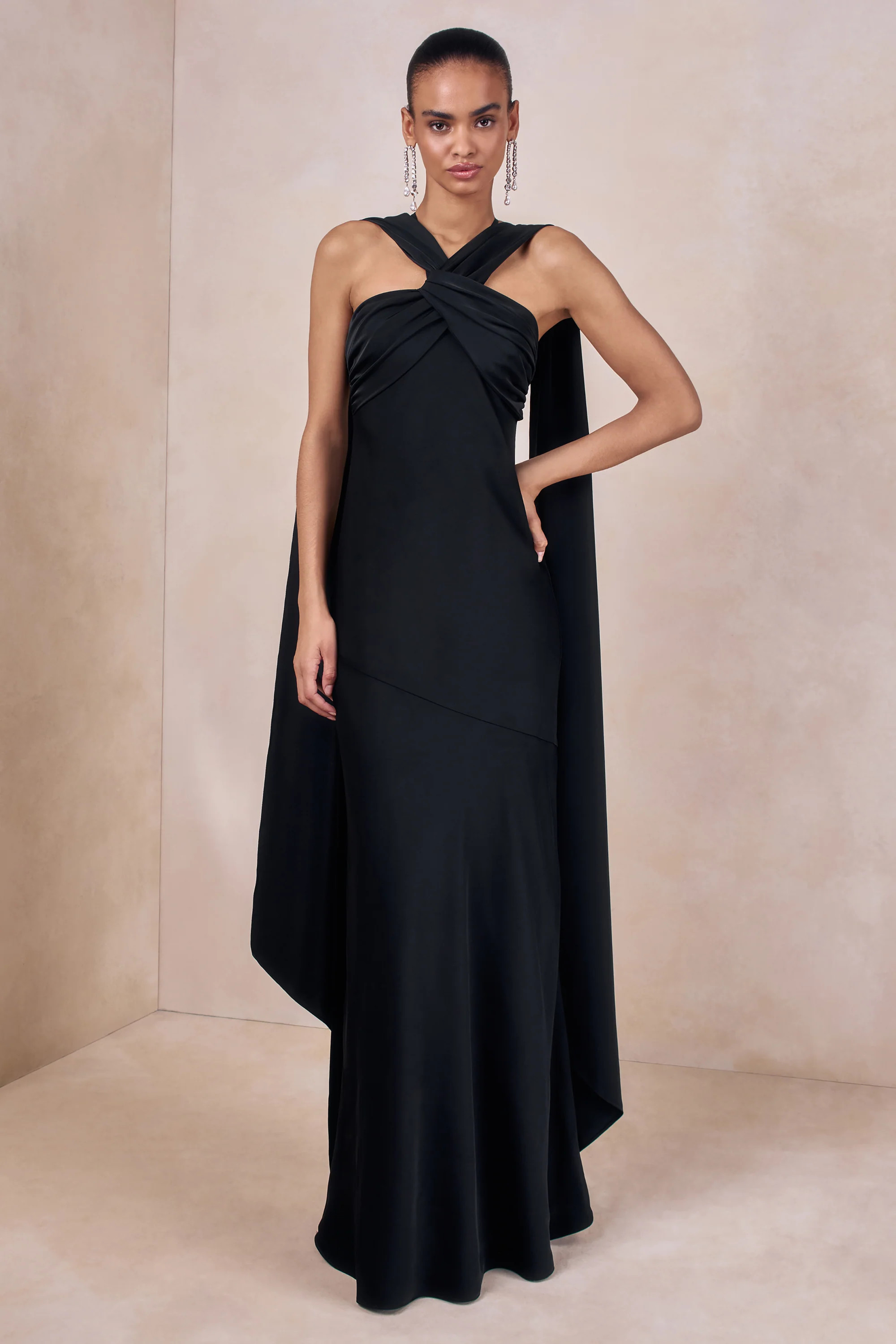 Sloane | Black Matte Satin Halter-Neck Maxi Dress With Cape | Club L London