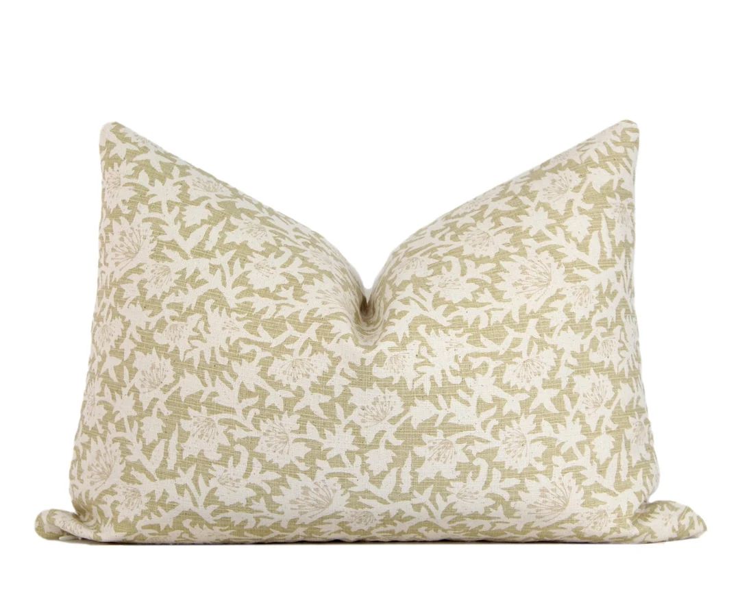 Block Print Beige Floral Lumbar Pillow Cover | Etsy (US)