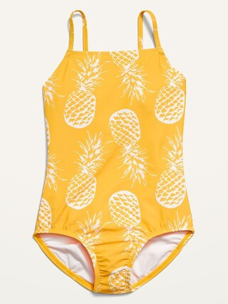 Printed Square-Neck Lattice-Back One-Piece Swimsuit for Girls | Old Navy (US)