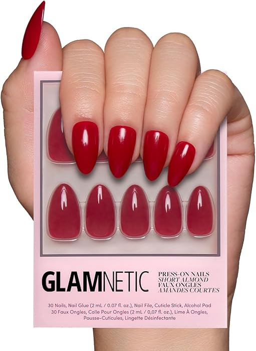 Glamnetic Press On Nails - Classic Red | Opaque Cool Tone, Timeless Red Short Almond Fake Nails, ... | Amazon (US)