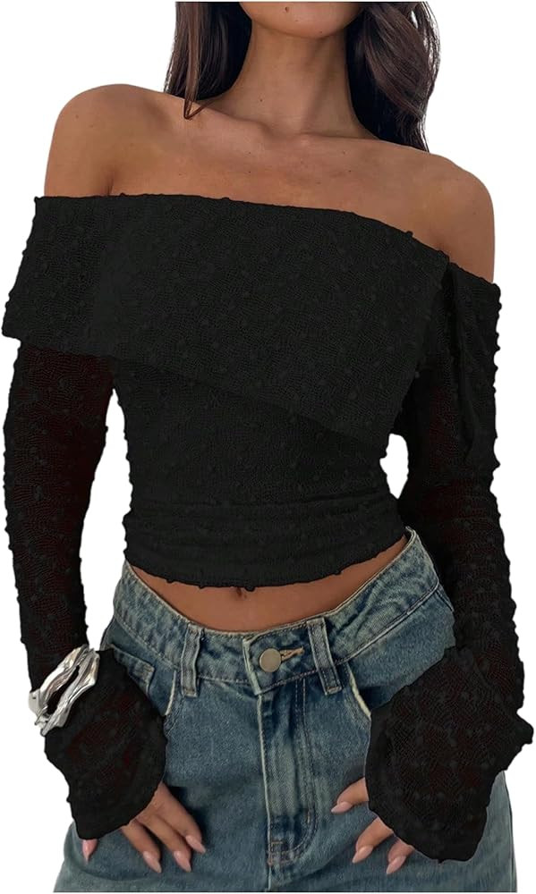 Milumia Women's Off The Shoulder Crop Top Sheer Long Sleeve Ruched Fitted Going Out Tee Tops | Amazon (US)