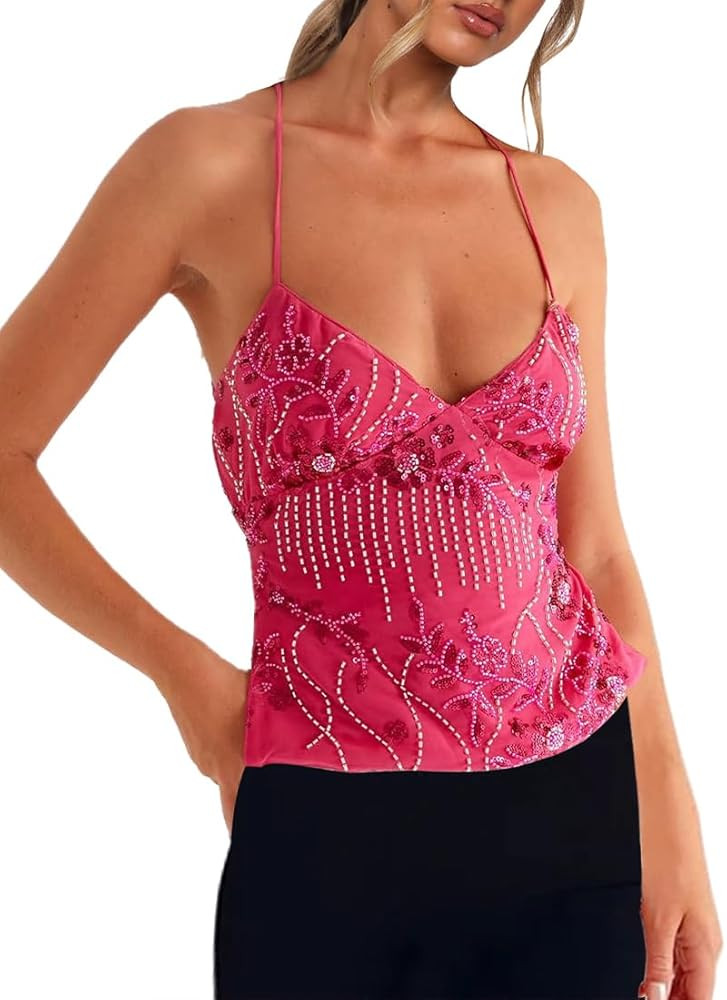 Y2K Women Cute Sparkle Backless Sequin Cami Top 2025 V Neck Open Back Criss Cross Straps Summer C... | Amazon (US)