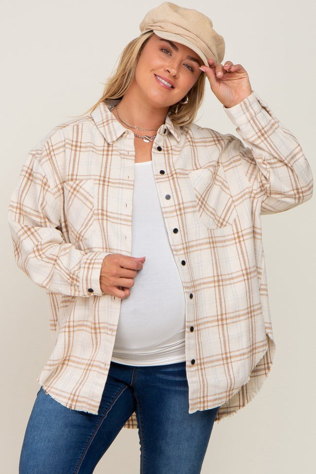 Cream Plaid Brushed Maternity Plus Flannel Top | PinkBlush Maternity