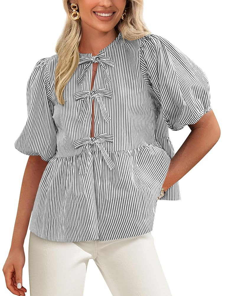 PRETTYGARDEN Women's Tie Front Striped Shirt 2025 Summer Trendy Fashion Cute Babydoll Tops Peplum... | Amazon (US)